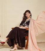 Brown Velvet Embroidery Work Flared Anarkali Pant and Dupatta Set