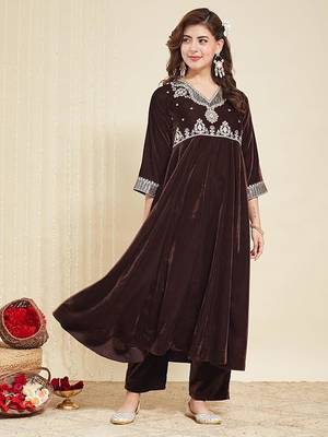 Brown Velvet Embroidery Work Flared Anarkali Pant and Dupatta Set 2
