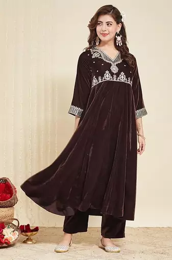Brown Velvet Embroidery Work Flared Anarkali Pant and Dupatta Set