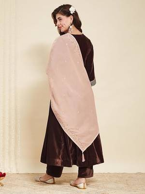 Brown Velvet Embroidery Work Flared Anarkali Pant and Dupatta Set 3