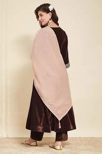 Brown Velvet Embroidery Work Flared Anarkali Pant and Dupatta Set