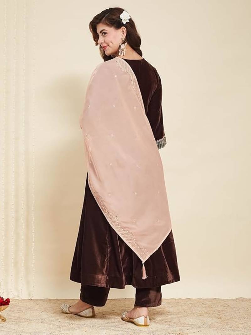 Women's Beautiful Velvet Fabric Embroidery Work Flared Anarkali Pant and Dupatta Set