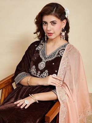 Brown Velvet Embroidery Work Flared Anarkali Pant and Dupatta Set 4