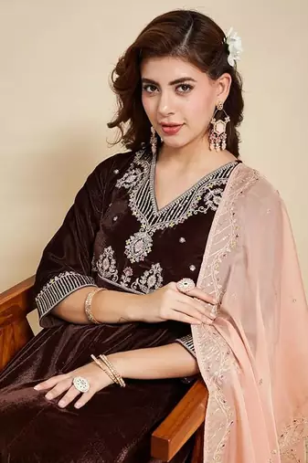 Brown Velvet Embroidery Work Flared Anarkali Pant and Dupatta Set