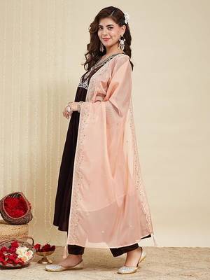 Brown Velvet Embroidery Work Flared Anarkali Pant and Dupatta Set 5