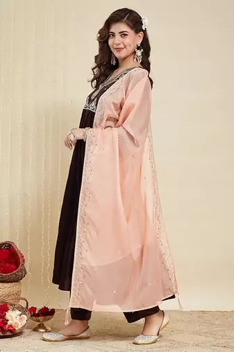 Brown Velvet Embroidery Work Flared Anarkali Pant and Dupatta Set