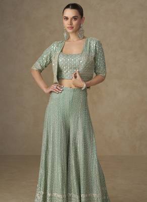 Mint green georgette embroidered & handwork jacket palazzo Set 1