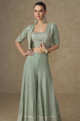 Mint green georgette embroidered & handwork jacket palazzo Set