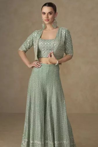 Mint green georgette embroidered & handwork jacket palazzo Set