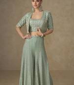Mint green georgette embroidered & handwork jacket palazzo Set