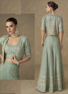 Mint green georgette embroidered & handwork jacket palazzo Set 2