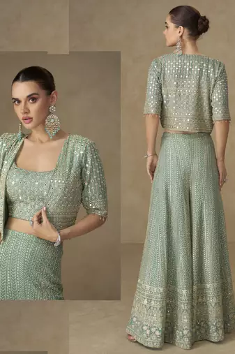 Mint green georgette embroidered & handwork jacket palazzo Set