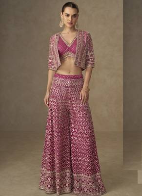 Pink georgette embroidered & handwork jacket palazzo Set 1