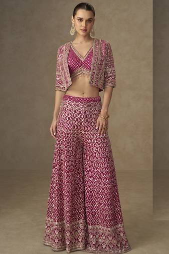 Pink georgette embroidered & handwork jacket palazzo Set