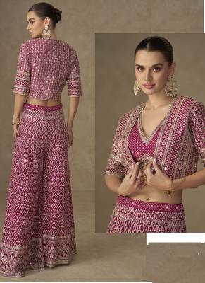 Pink georgette embroidered & handwork jacket palazzo Set 2