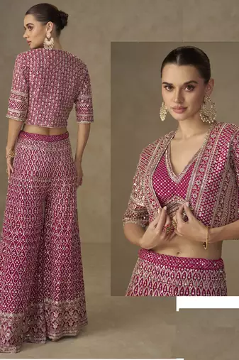 Pink georgette embroidered & handwork jacket palazzo Set