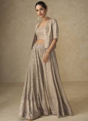 Beige georgette embroidered & handwork jacket style palazzo co-ord set 1