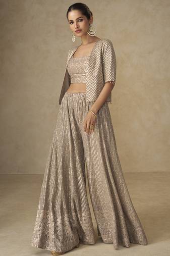 Beige georgette embroidered & handwork jacket style palazzo co-ord set