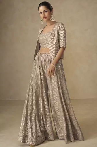 Beige georgette embroidered & handwork jacket style palazzo co-ord set