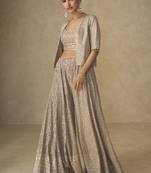 Beige georgette embroidered & handwork jacket style palazzo co-ord set