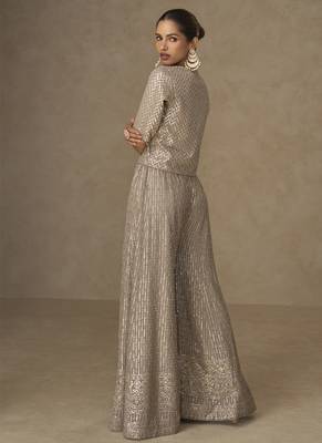 Beige georgette embroidered & handwork jacket style palazzo co-ord set 2