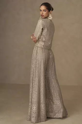 Beige georgette embroidered & handwork jacket style palazzo co-ord set