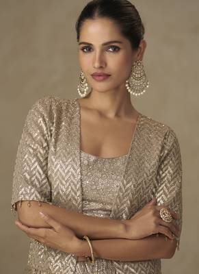 Beige georgette embroidered & handwork jacket style palazzo co-ord set 3