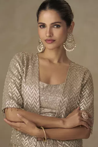 Beige georgette embroidered & handwork jacket style palazzo co-ord set