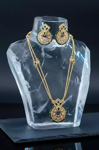 Handcrafted polki delicate brass necklace set with golden plating