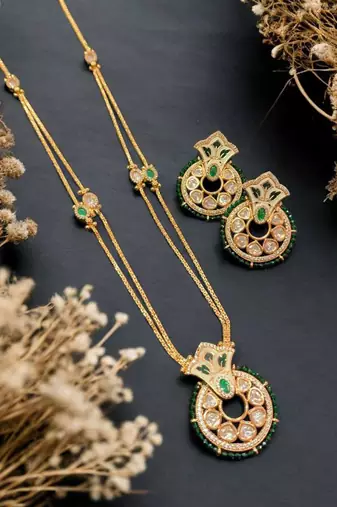 Handcrafted polki delicate brass necklace set with golden plating