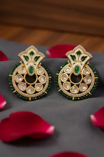 Handcrafted polki delicate brass necklace set with golden plating