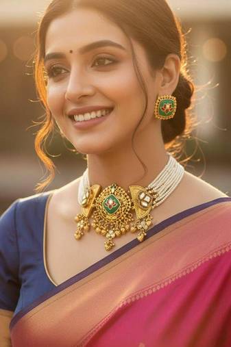 Handcrafted fusion brass choker with beaded cheed design