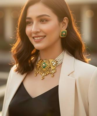 Handcrafted fusion brass choker with beaded cheed design 2