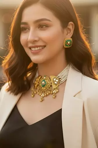 Handcrafted fusion brass choker with beaded cheed design