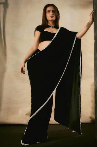 Black Viscose Velvet Peral Lace Work Saree with Blouse