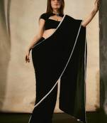 Black Viscose Velvet Peral Lace Work Saree with Blouse