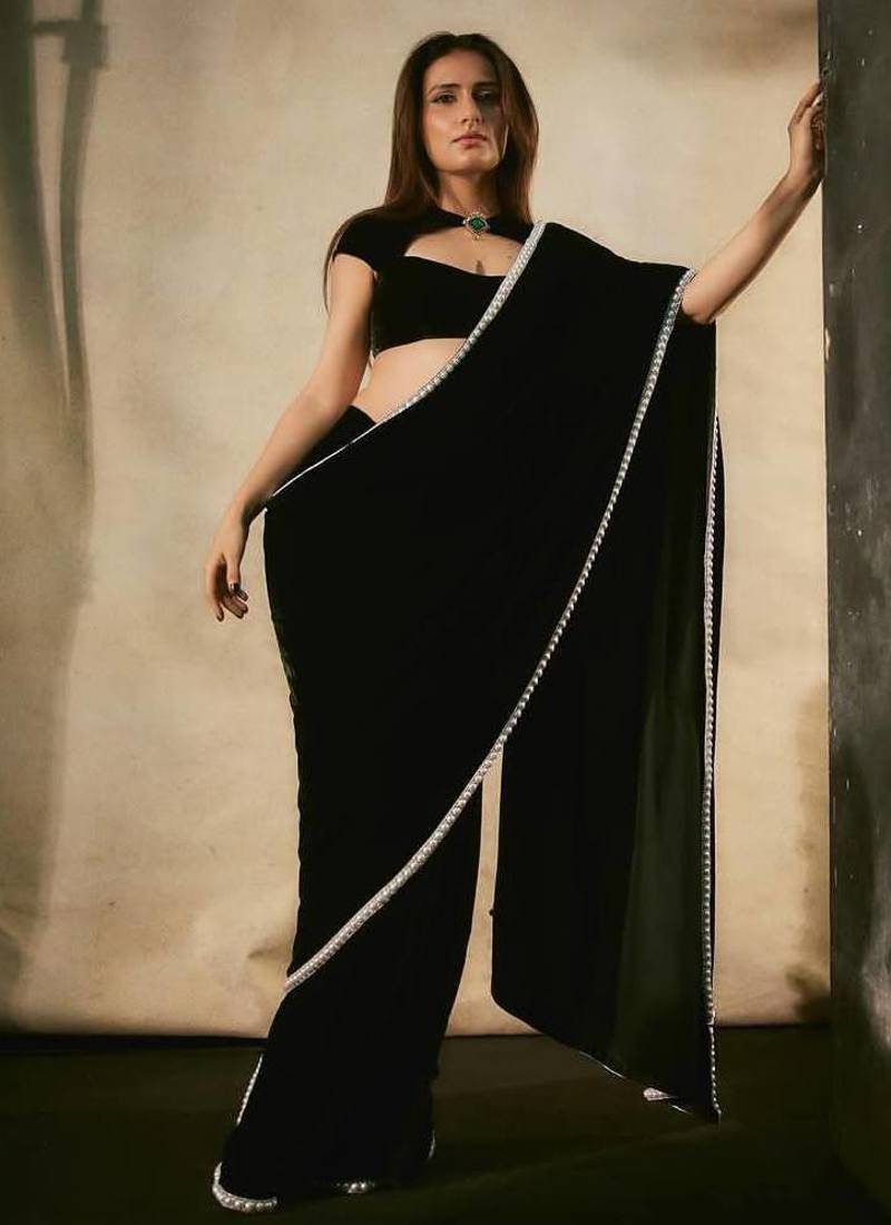 Black Viscose Velvet Peral Lace Work Saree with Blouse