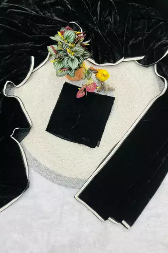 Black Viscose Velvet Peral Lace Work Saree with Blouse