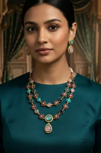 Victorian style handcrafted semi-precious stone brass necklace set