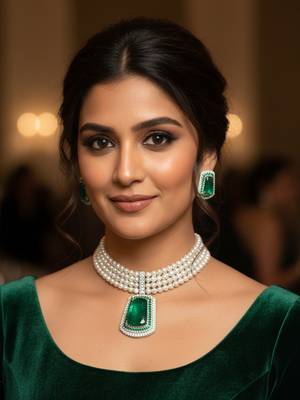 Elegant pearl choker set with grand emerald-green polki pendant 1