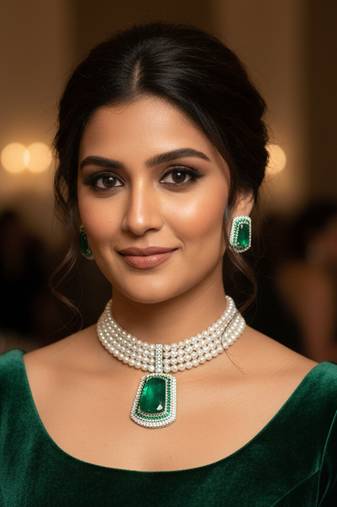 Elegant pearl choker set with grand emerald-green polki pendant