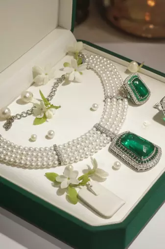 Elegant pearl choker set with grand emerald-green polki pendant