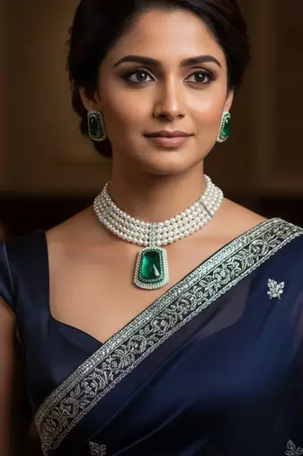 Elegant pearl choker set with grand emerald-green polki pendant