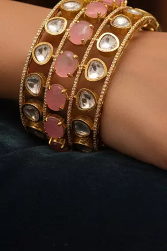 golden plated brass kada with doublet stones