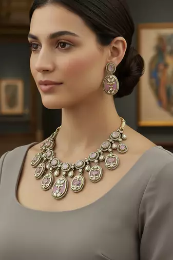Handcrafted holdali victorian-polish moissanite polki necklace set