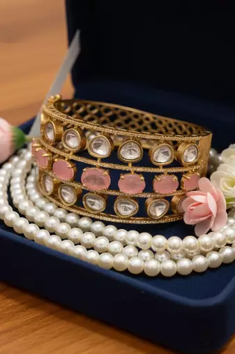 golden plated brass kada with doublet stones