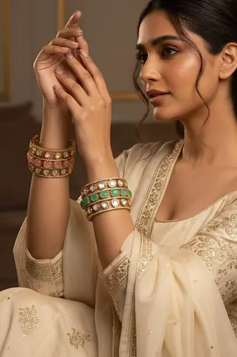 golden plated brass kada with doublet stones