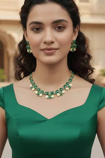 Golden plated precious stone necklace set with green quartz & pearl drops