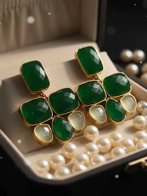 Golden plated precious stone necklace set with green quartz & pearl drops 3