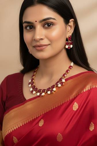 Golden plated precious stone necklace set in red strawberry quartz & amethyst finish